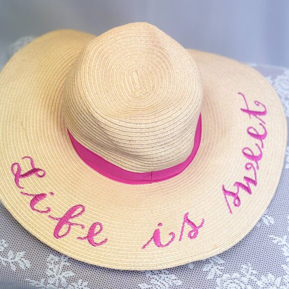 Girls Embroidered Hat Life Is Sweet Floppy Sun Summer Straw Hat Gymboree - Picture 1 of 7